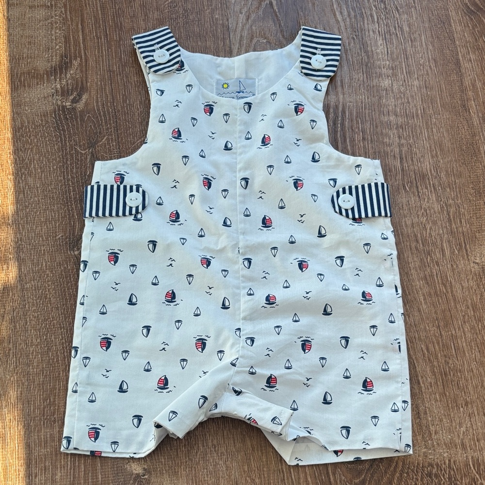 Florence Eiseman White Baby Romper with Sailboats